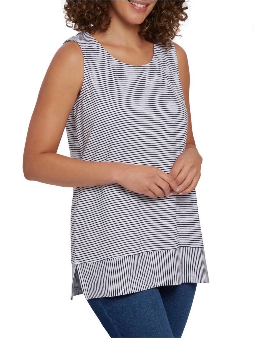NWT Land’s End Cotton Split Hem Black & White Striped Scoop Neck Tank Size XS